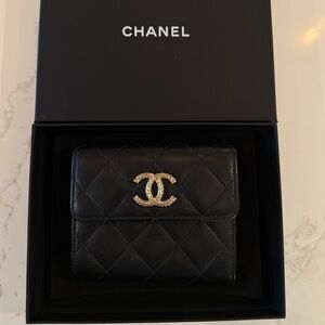 CHANEL Black Quilted Caviar CC Compact Wallet